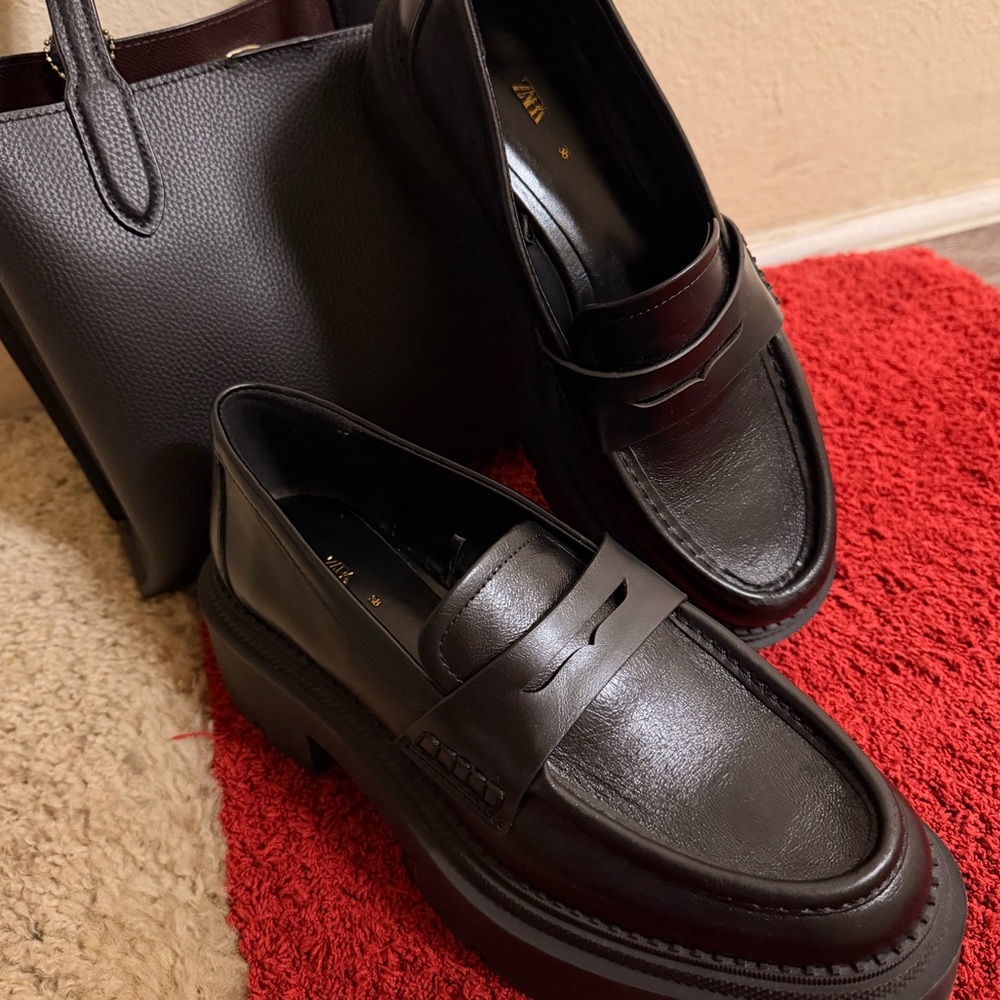Zara Black Leather Penny Loafers with Chunky Lug Sole - Women